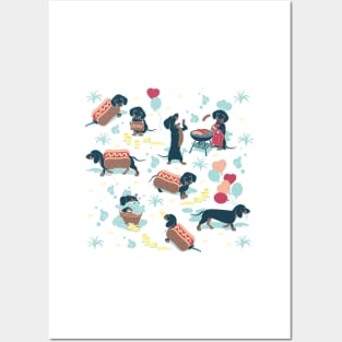 Hot dogs and lemonade // aqua green background navy and brown dachshunds Posters and Art